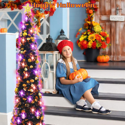 Halloween Tree Decorations with 100LED Lights 5FT Pop Up Tree with Hanging Pumpkin＆12 Pcs Ornaments, Tinsel Collapsible Artificial Pencil Tree Holiday Decoration for Home, Black Purple