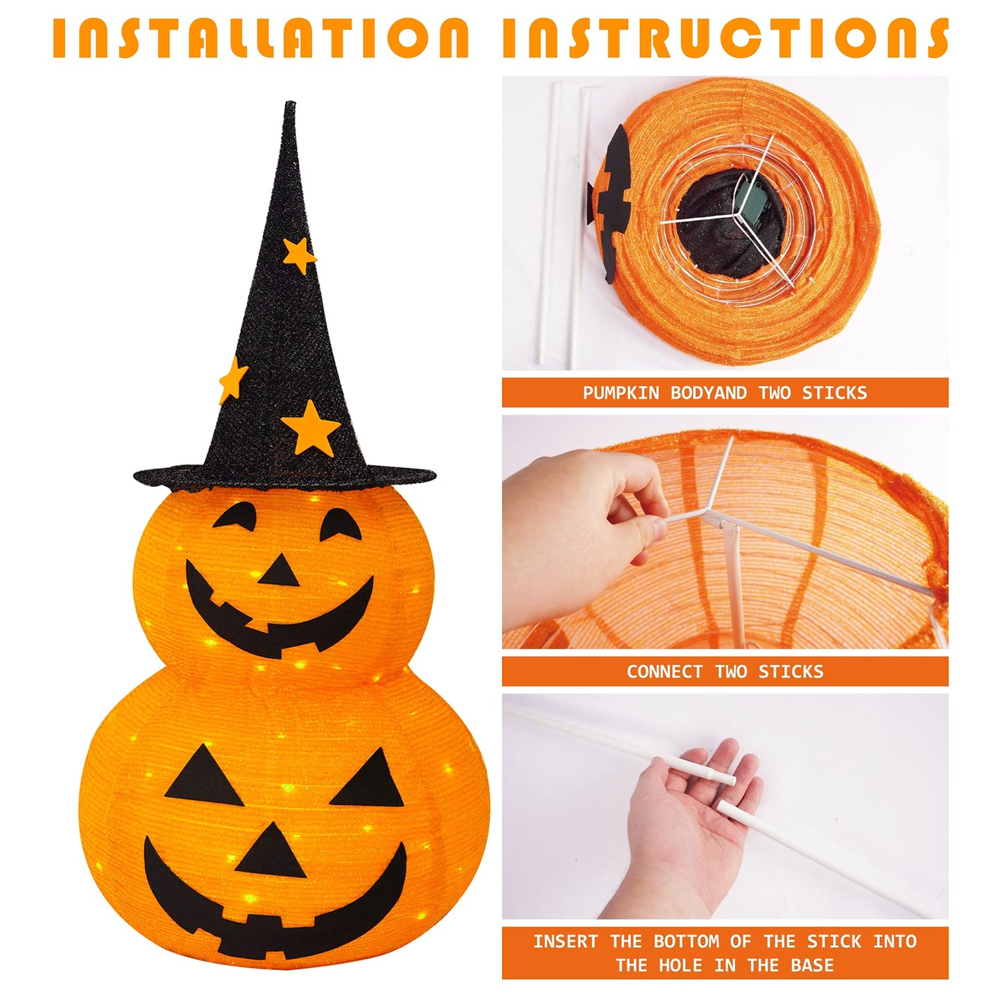 NEROSUN Halloween Decorations, 3 FT Pop Up Collapsible Pumpkin, Pre-Lit 50 LED Lighted Pupmkin Man with Star Hat, Jack o' Lantern with Metal Stand for Outdoor Indoor Garden Yard Home Party Decor