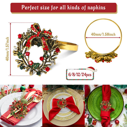 Legigo Set of 12 Christmas Wreath Napkin Rings Set- Metal Xmas Napkin Ring Holders for Cloth Napkins, Christmas Holiday Party Dinner Table Decoration