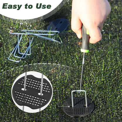 FEED GARDEN Landscape Staples 6 Inch 50 Pack Kit, Heavy Duty 11 Gauge Hot-Dip Galvanized Garden Stakes with 50 Gaskets & 1 Pick Hook for Weed Barrier, Landscape Fabric, Sod, Turf & Garden Edging