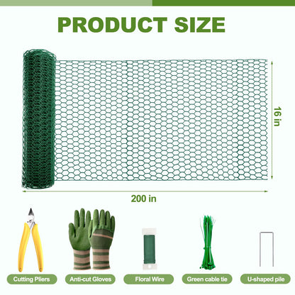 All-in-One 200 Inch Plant Protectors from Animals Kit - 0.85mm Heavy Duty Chicken Wire Cloche,Free-Cut Wire Mesh Roll Includes Pliers, Gloves, Ties, Stakes for Custom Outdoor Cages (16 * 200 Inch)
