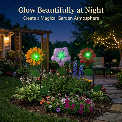 Topadorn 3 Pack Glow-in-the-Dark Flower Garden Stakes, Metal Plant Picks with Shaking Heads, Weatherproof Yard Pathway Decor