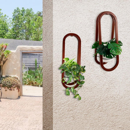 JOJOCY Wall-Mounted Modern Oval Wooden Vase 2PCS, Oval Hanging Plant Stand with Ceramic Pots for Indoor Living Room Bedroom Decor (Walnut Wood)