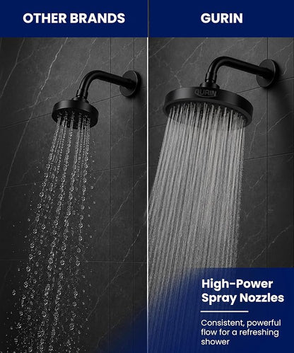 GURIN Shower Head - Powerful High Pressure Rain Shower Head 6 Inch - Luxury Rainfall Showerhead with Adjustable Angles, 90 Anti-Clog Nozzles, Tool-Free 1-Min Install, Premium Matte Black Finish