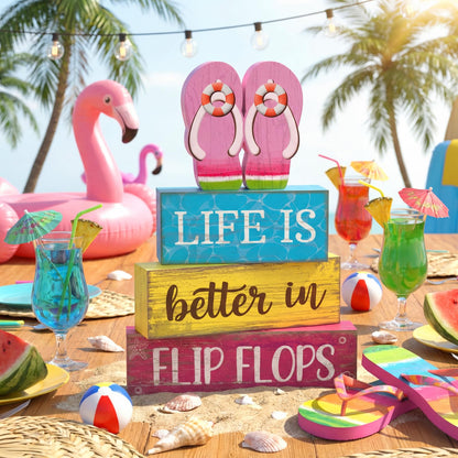 Yuntau 4 Pcs Summer Decorations for Home Flip Flops Table Decorations Wooden Sign Beach Table Centerpiece Summer Tiered Tray Decor Decorative Faux Book Stack Block for Office Coffee Mantel Shelf