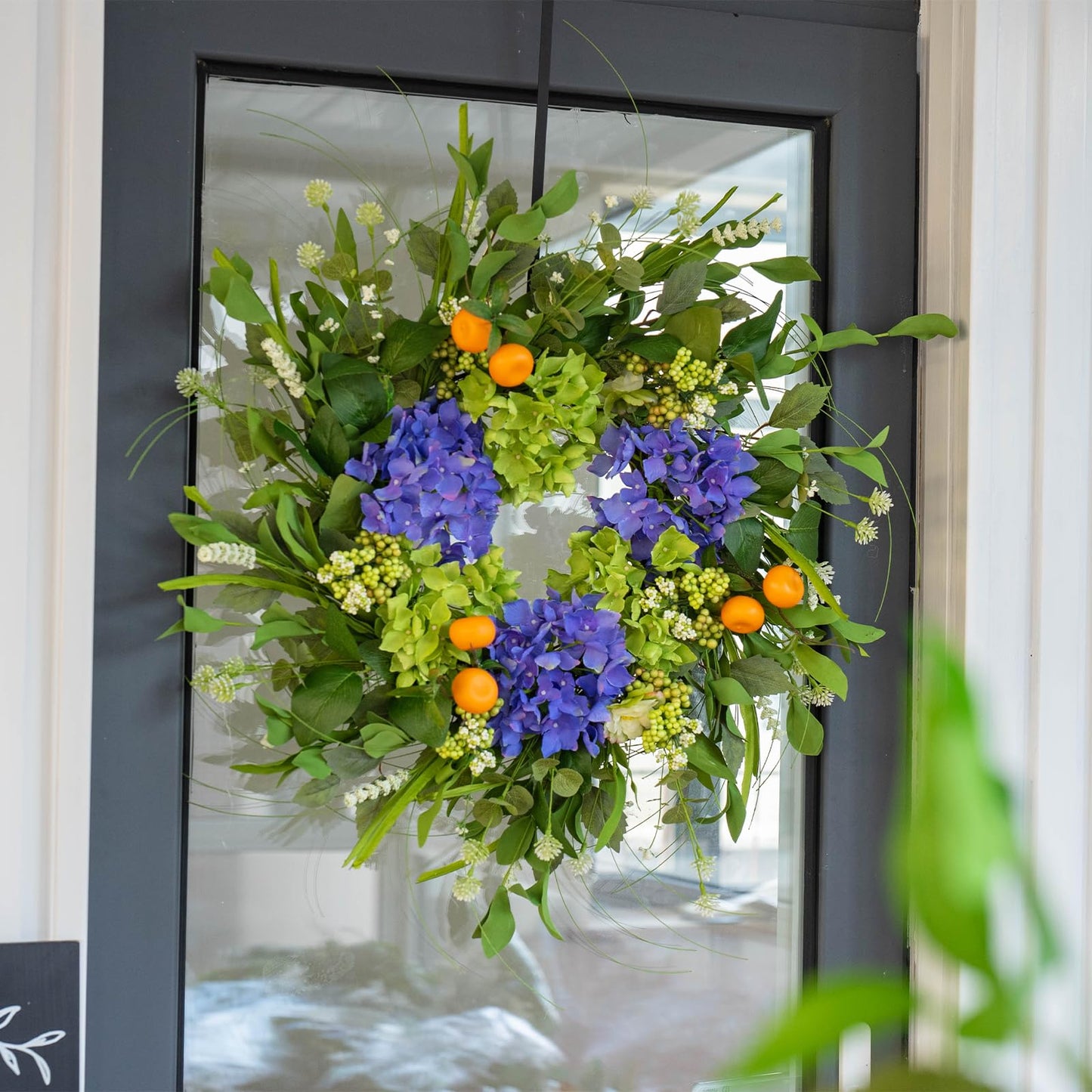 Spring Wreaths for Front Door 24 Inch, Summer Wreath Outdoor，Silk Hydrangea Wreath with White Blossoms & Mini Mandarins, Rustic Farmhouse Indoor & Outdoor Seasonal Wreath, Spring&Summer Home Decor