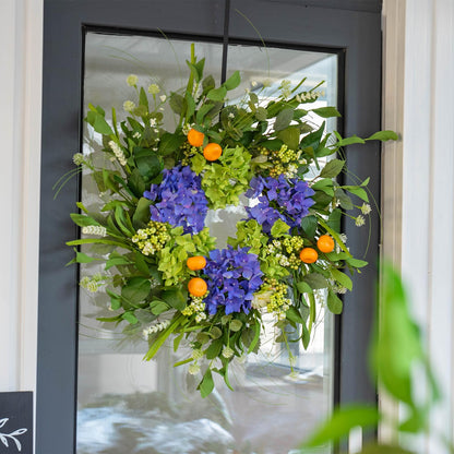 Spring Wreaths for Front Door 24 Inch, Summer Wreath Outdoor，Silk Hydrangea Wreath with White Blossoms & Mini Mandarins, Rustic Farmhouse Indoor & Outdoor Seasonal Wreath, Spring&Summer Home Decor