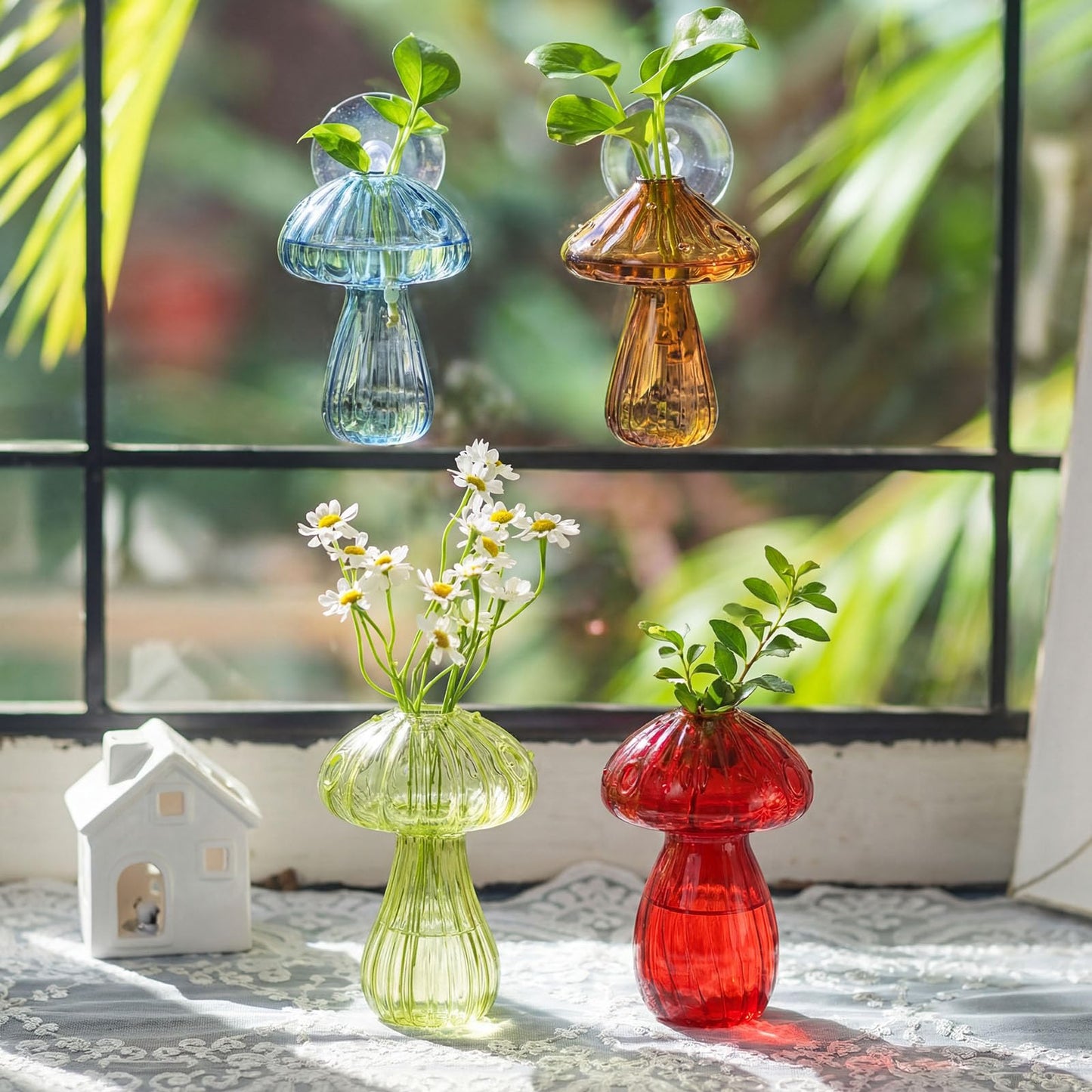 LemonRoad 8 Pcs Mushroom Window Propagation Stations with Suction Cups Cute Glass Wall Hanging Planter Holder Flower Vases Hydroponic Bud Terrarium Jar for Indoor Window Living Room Home Office Decor