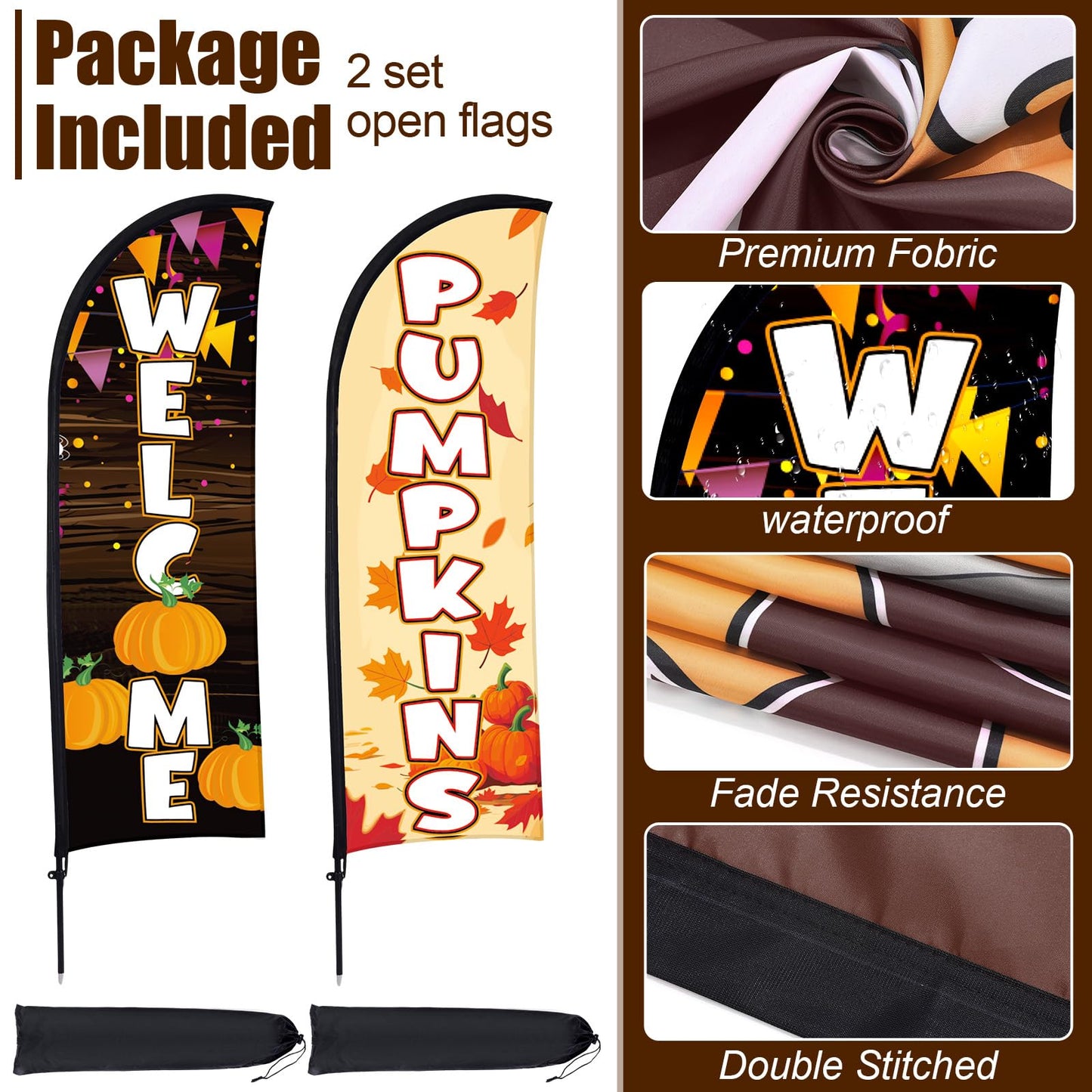 Buryeah 2 Sets Fall Pumpkin Feather Flags with Poles 7ft Thanksgiving Swoop Flags with Portable Bag Festival Signs Banner for Outdoor Halloween Holidays Decorations Businesses Advertising Outside