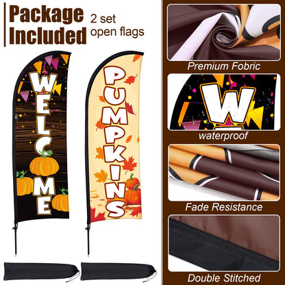 Buryeah 2 Sets Fall Pumpkin Feather Flags with Poles 7ft Thanksgiving Swoop Flags with Portable Bag Festival Signs Banner for Outdoor Halloween Holidays Decorations Businesses Advertising Outside