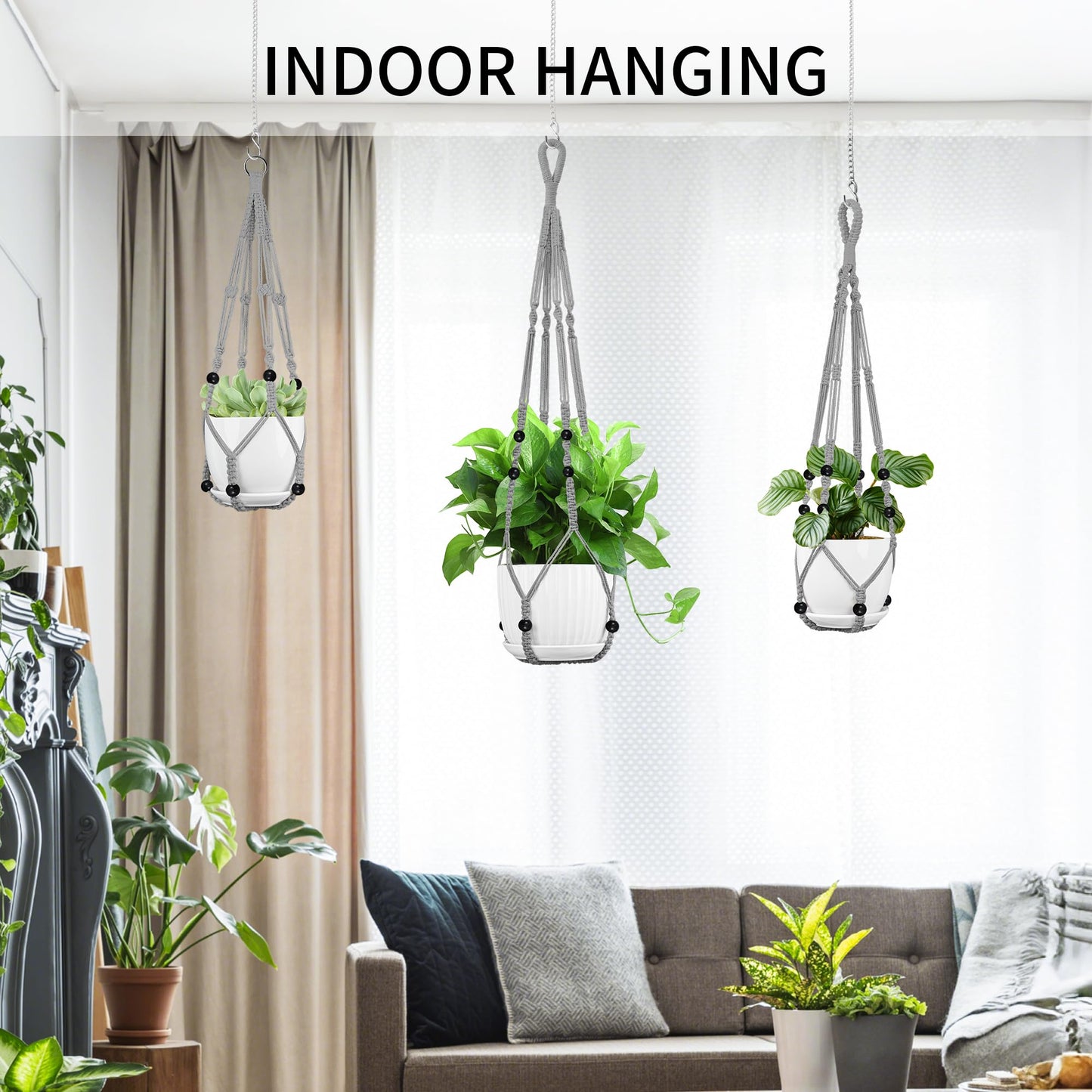 IDEEEPAN Macrame Plant Hanger - Fits 4 to 13 inches Pots for Indoor Outdoor, 35"/29"/23" Different Sizes Set, Gray (POTS NOT Included)