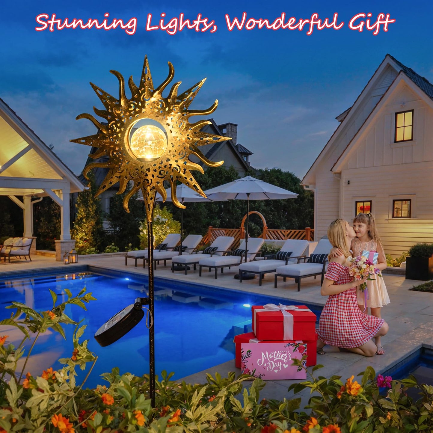 HOMEIMPRO Large Sun Solar Garden Decor Lights Outdoor Garden Gifts Mom Dad, Crackle Glass Metal Stake Backyard Decor, Waterproof LED Lights for Lawn Patio Ornaments, Mothers Day Gifts for Women