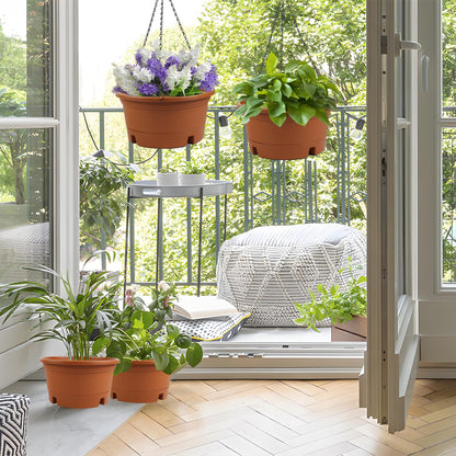 12 Inch Large Hanging Planters for Ootdoor Plants, 4 Pack Plastic Hanging Basket Pots with Drainage Trays & Chain, Hanging Pots for Plants Indoor Outdoor Garden Balcony Decoration (Terracotta)