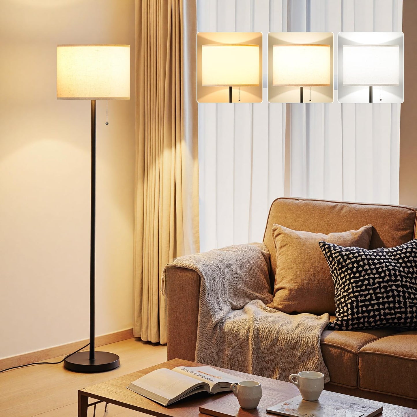 Ambimall Modern Standing Floor Lamp for Living Room & Bedroom with 3 Color Temperatures Bulb & Pull Chain Switch, 60" Tall with Beige Shade & Black Pole