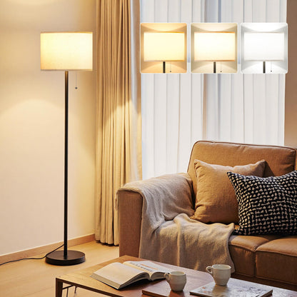 Ambimall Modern Standing Floor Lamp for Living Room & Bedroom with 3 Color Temperatures Bulb & Pull Chain Switch, 60" Tall with Beige Shade & Black Pole