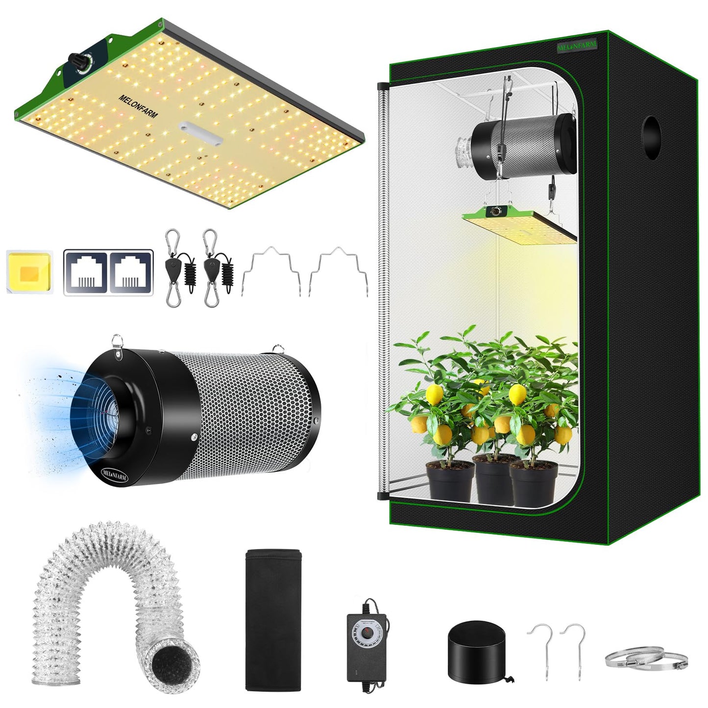 MELONFARM Grow Tent Complete Setup, 100W Full Spectrum LED Grow Light & 32"x32"x63"Grow Tent Bundle, 4" Efficient Airflow Ventilation System with Soundproof Duct Connector