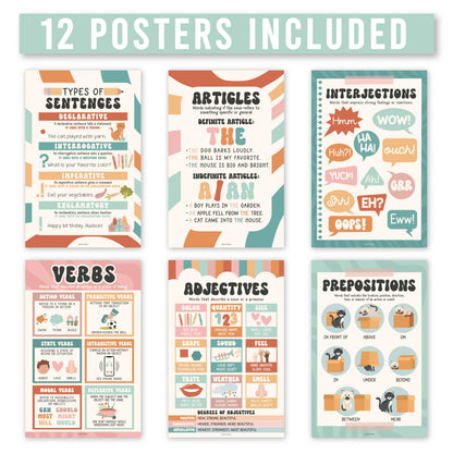 Parts of Speech Posters for Classroom Must Haves - 12 Grammar Posters, Writing Process for Homeschool, Elementary & Middle School, ELA 3rd 4th & 5th Grade Teacher Must Haves, Retro Classroom Decor