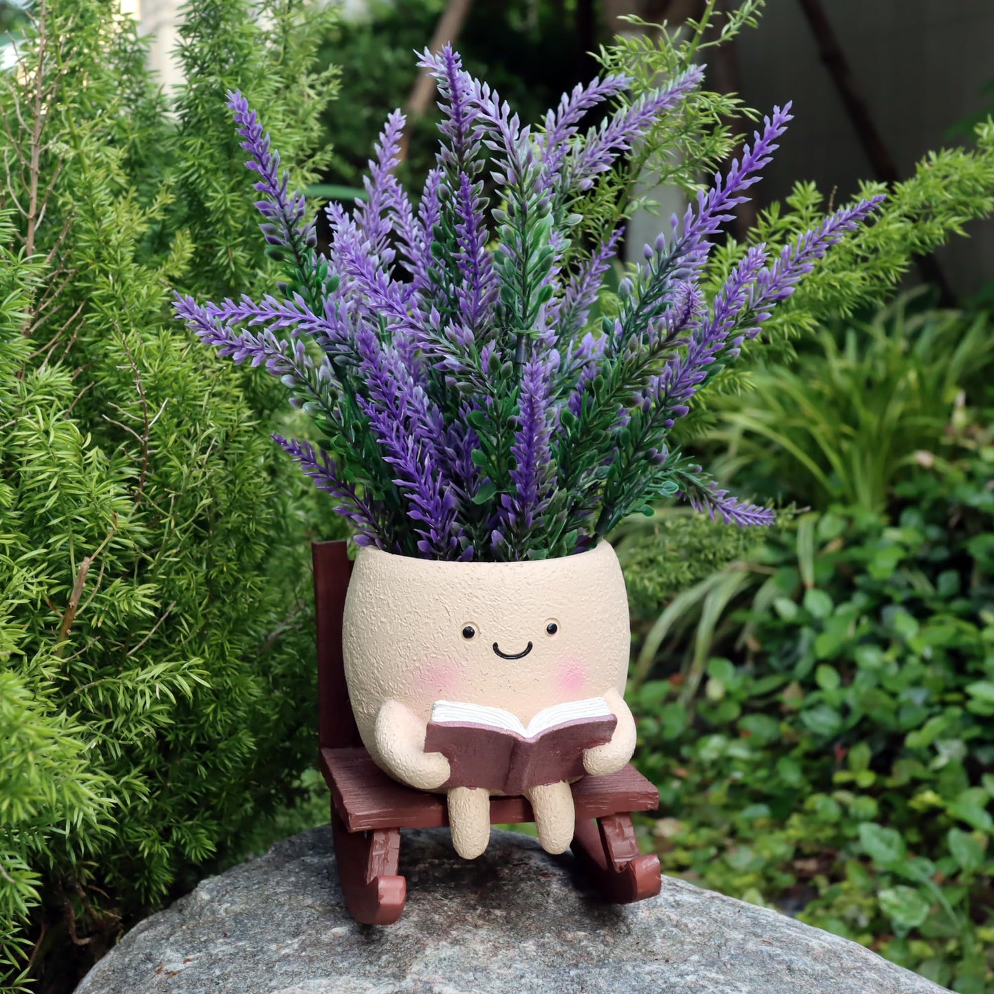 Dolkgy Cute Face Planters Succulent Pots, Funny Rocking Chair Reading Head Flower Planter Cactus Pot with Drainage Hole for Indoor Outdoor Plants, Unique Plant Lover Gifts