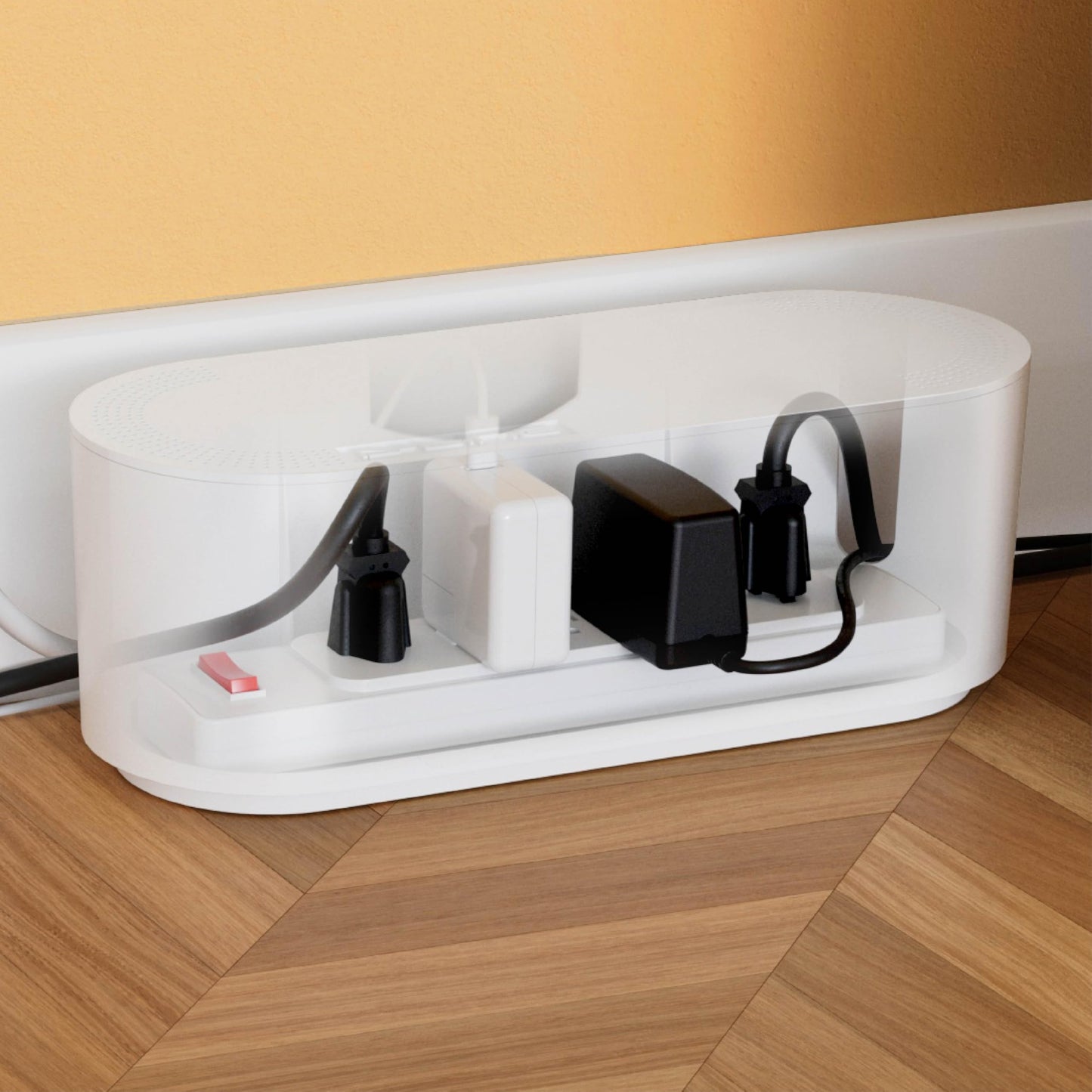 D-Line Cable Management Box, Power Strip Holder, Floor Outlet Hider, Desk Cord Organizer, Cover TV Wires, 12.75" (L) x 5" (W) x 4.5" (H), for use with Power Strips up to 10.5in Length - Small, White