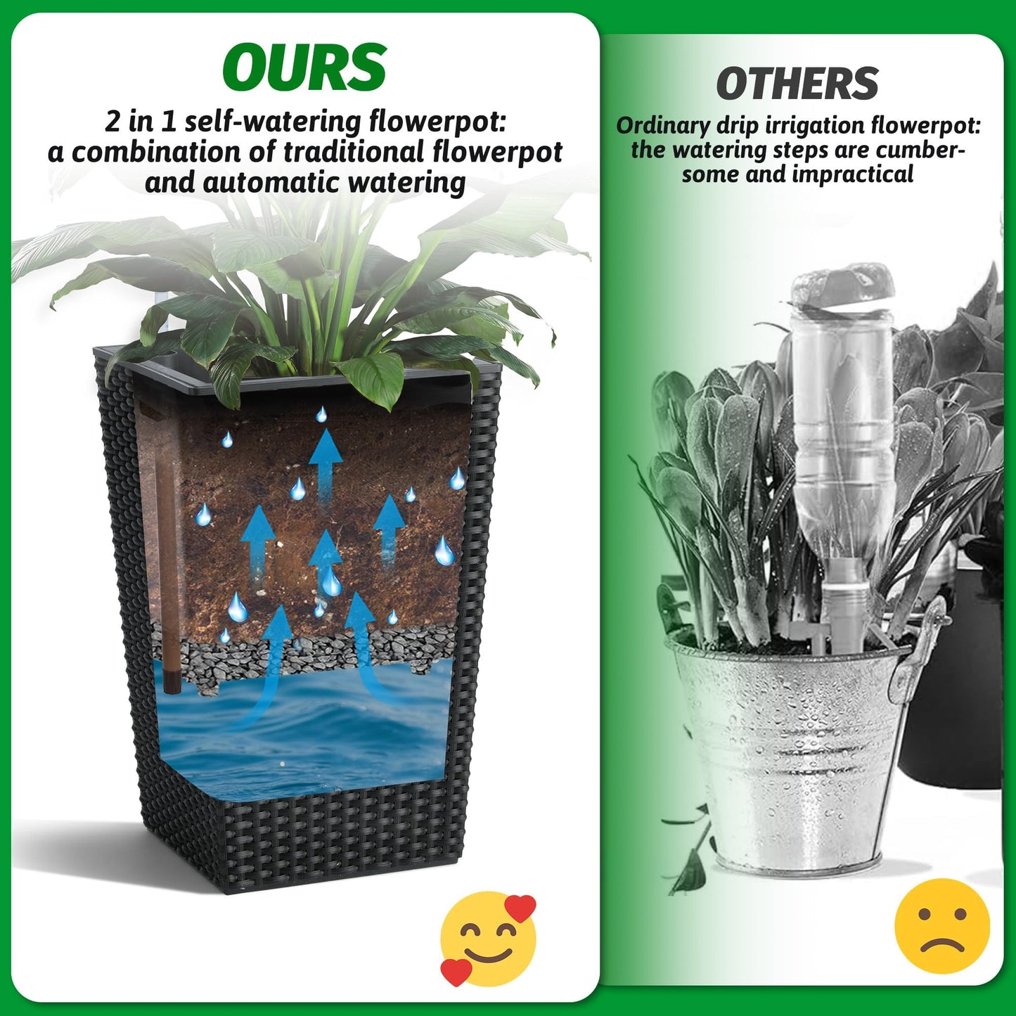 Tall Wicker Planter with Insert Set of 2-Self Watering Large Tall Rattan Planter Pots for Indoor and Outdoor 22.5 Inch,Wicker Flower Pots for Front Door,Porch and Patio in White/Black/Brown