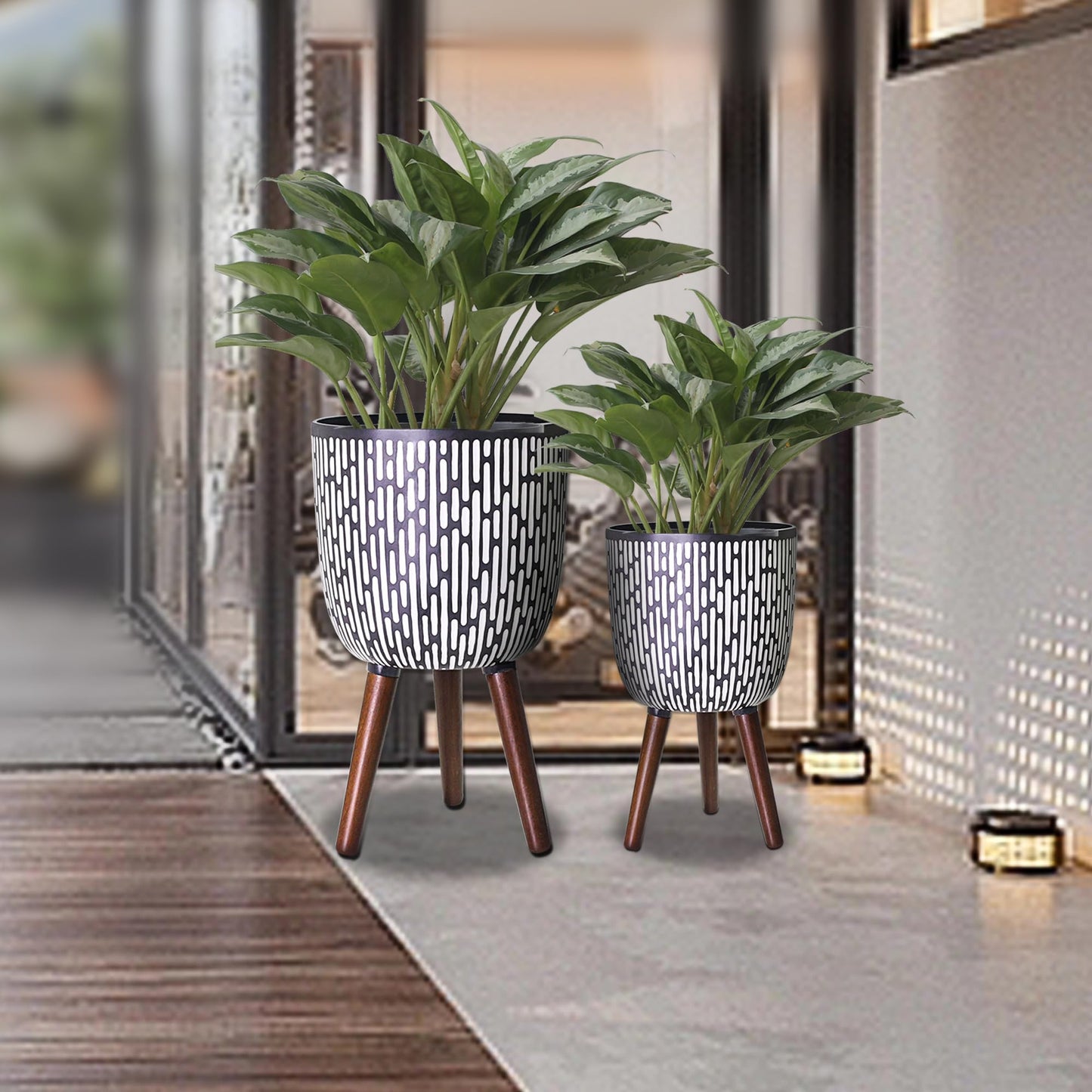 Opnons 2 Set Plant Pot with Stand 10 & 12 inches, Mid-Century Large Planter with Legs for Indoor Plants, Boho Print Standing Plant Pot with Drainage Plug for Monstera, Herb, Succulent Flower Pot