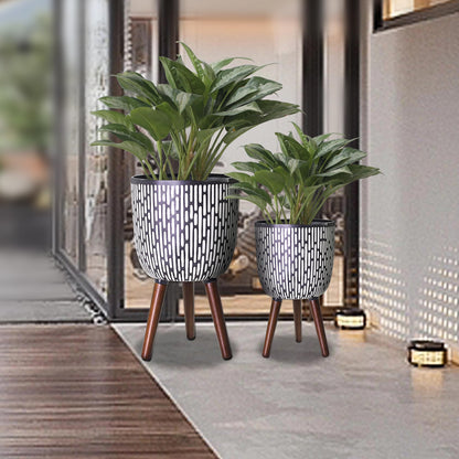 Opnons 2 Set Plant Pot with Stand 10 & 12 inches, Mid-Century Large Planter with Legs for Indoor Plants, Boho Print Standing Plant Pot with Drainage Plug for Monstera, Herb, Succulent Flower Pot