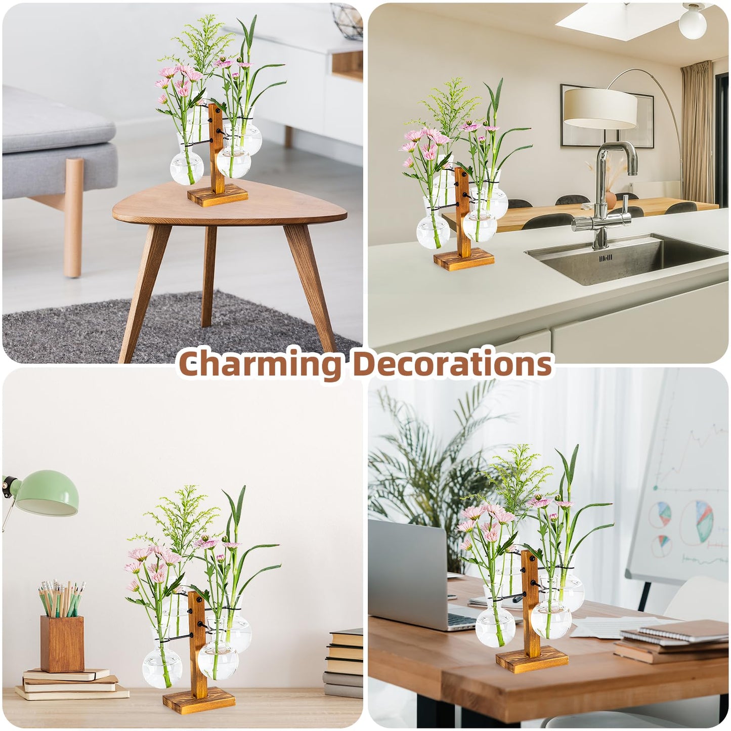 Plant Propagation Station with Wood Stand, Propagation Vases for Plants, Terrarium Kit for Home Office Garden Decor, Gifts for Plant Lovers - 4 Bulb Glass Vases