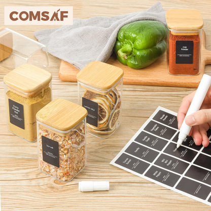 ComSaf 16Pcs Glass Spice Jars with Bamboo Lid, 4oz Airtight Square Spice Containers with 275 Black Lables, Empty Seasoning Jars for Spice Salt Sugar