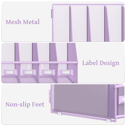 SUPEASY Desk Organizers Metal Desk Magazine File Holder with 5 Vertical Compartments Rack File Organizer for Office Desktop, Classroom, Home Workspace, Purple