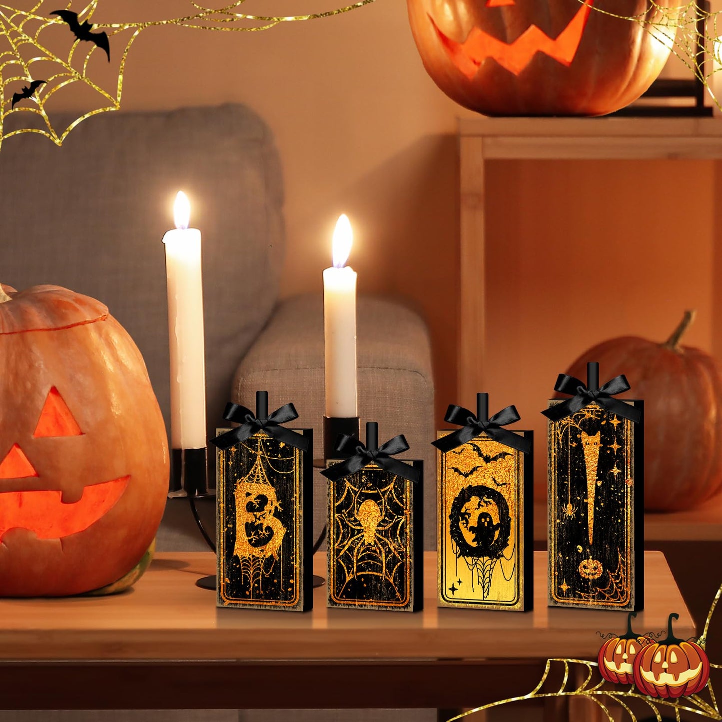 4 Pcs Boo Halloween Sign Wooden Tiered Tray Decor, Spider Ghost Black and Gold Table Decor Farmhouse Rustic Halloween Decorations Party Tabletop Centerpieces for Home Kitchen Indoor Mantel
