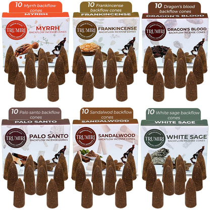 Woody - Backflow Incense Cones for Waterfall - Scented Inscents-Cones - Sandalwood, Dragons Blood, Palo Santo, White Sage - Insiensos Aromaticos - 6x10=60 Large Variety Pack - Back Flow Down Reverse