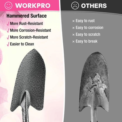 WORKPRO 6-Piece Pink Garden Tool Set, Heavy Duty Gardening Hand Tools with Soft Rubber Handle, Including Trowel, Rakes, 2-in-1 Hoe and Crack Weeder, Ideal Gardening Gifts for Men and Women