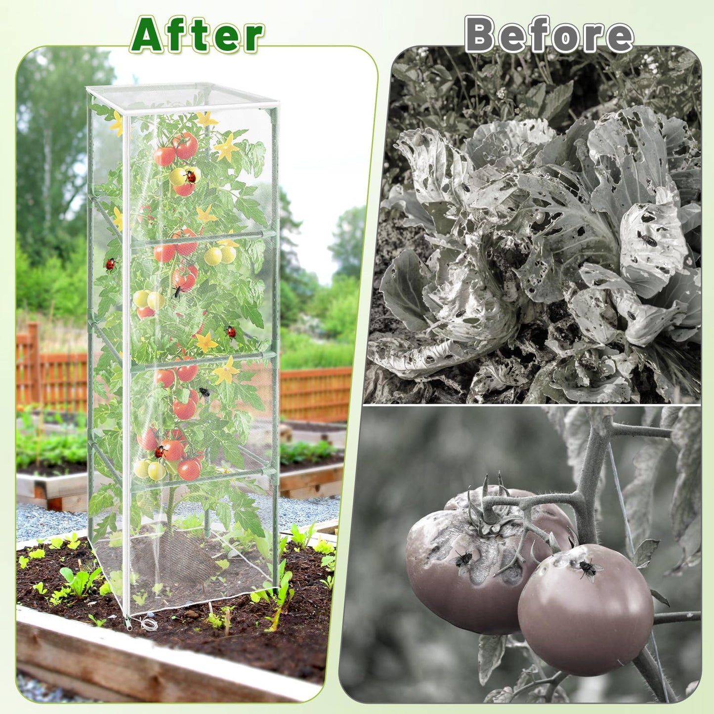 Cyrico Bird Netting Plant Cover for Tomato Cage, 3 Pcs Garden Mesh Cover with Zipper and Drawstring, Insect, Bird & Small Animal Protection Net for Vegetables, Fruits and Flowers, 59" x 17.7"