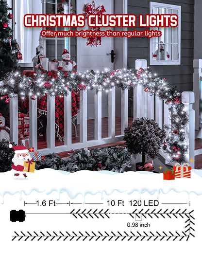 Minetom Christmas Cluster Lights, 10Ft 120 LED, Battery Operated, Waterproof, Cool White, 2 Pack, Model BPD-LUO-DCH-120D