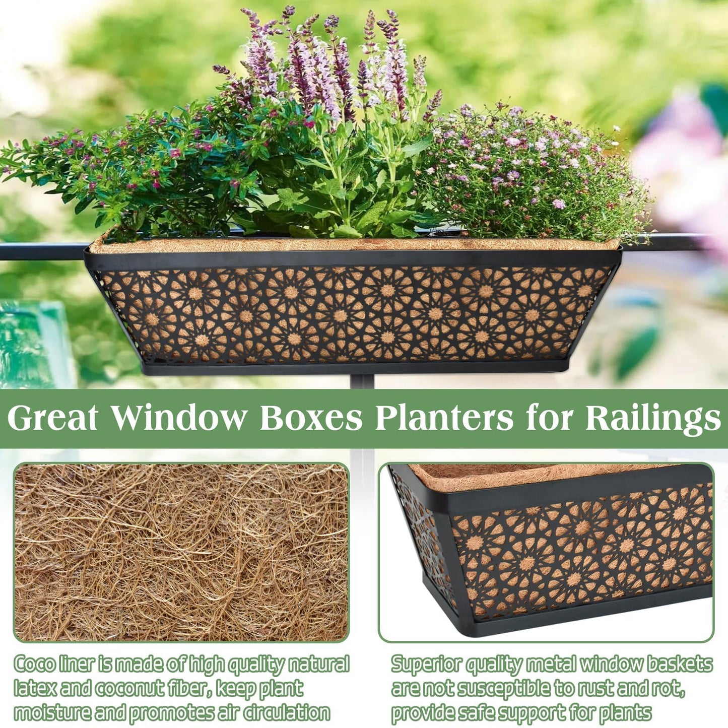 Halatool Railing Window Balcony Deck Planter Boxes Outdoor, 2 Pack 24 Inch Metal Heavy Duty Planter Boxes with Coco Liner for Windowsill Fence Porch Patio Lawn