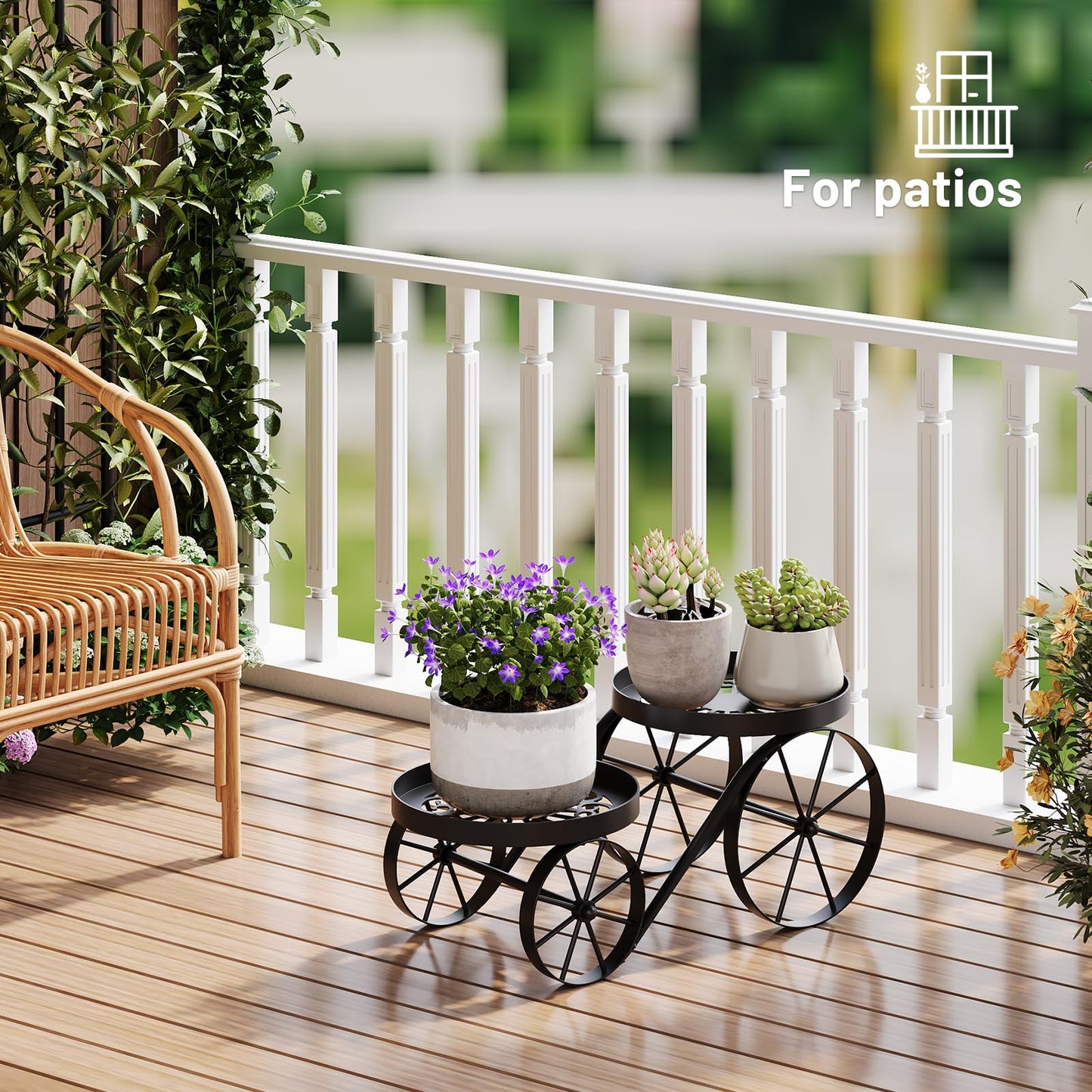 WELUKGUUD Metal Plant Stand Indoor Outdoor, 2-Tier Multi-Use Display Rack, Anti-Rust Iron Flower Pot Holder with Decorative Wagon Wheels, Home Decor for Corner, Patio, Bathroom (Black)