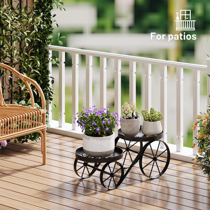 WELUKGUUD Metal Plant Stand Indoor Outdoor, 2-Tier Multi-Use Display Rack, Anti-Rust Iron Flower Pot Holder with Decorative Wagon Wheels, Home Decor for Corner, Patio, Bathroom (Black)