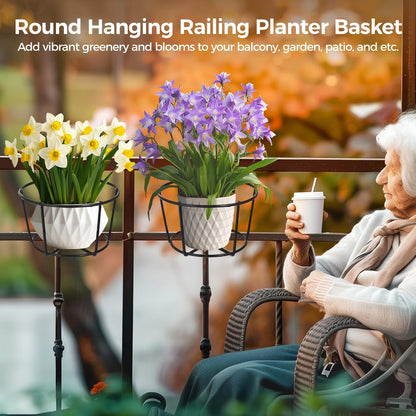 6 PCS Round Hanging Railing Planters, Hanging Flower Stand Iron Baskets, Hanging Planters for Outdoor Plants, Metal Rack Fence Shelf Plant Holder with Hooks for Balconies, Gardens, Indoor Spaces