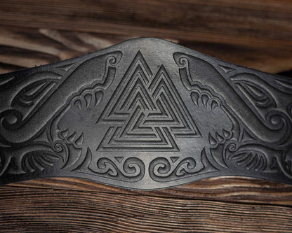 Stahlgilde 100% Real Leather Viking Cuff Bracelet - Handmade Valknut Black Wristband - Gift for Men Women - Genuine Leather Viking Punk Lv Axe Сuffs - Size M for wrist 6.5"-7.5" 90wc