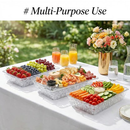 ZENFUN 2 Pack Ice Chilled Serving Tray, Plastic Chilled Party Platter for Fruit, Veggie Trays Large Removable Serving Tray for Cold Dish, Ideal for Appetizers, Seafood, Desserts, Charcuterie Board