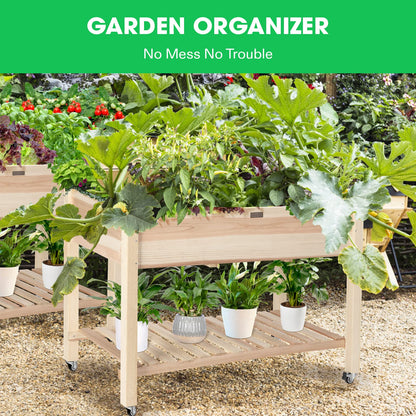 VIVOSUN Elevated Wooden Raised Garden Bed, 46 x 24 x 32 Inches, Mobile Outdoor Planter Box with Storage Shelf and Protective Liner for Outdoor Use, with Lockable Wheels