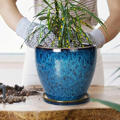 EPFamily 8 Inch Ceramic Planter Pot with Drainage Hole and Saucer, Ceraimc Plant Pot Round Flower Pot for Indoor Plants Outdoor Garden Planter, Blue