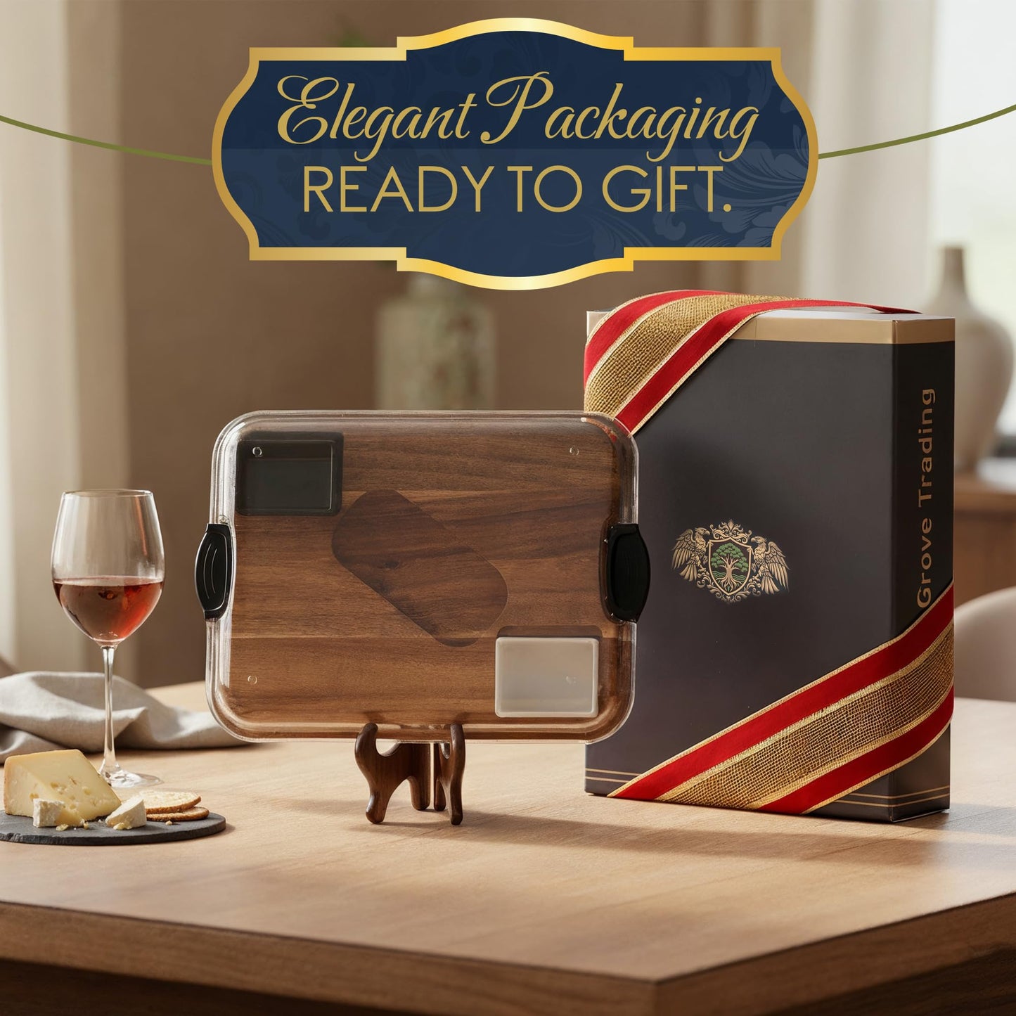 Covered Charcuterie Board with Locking Acrylic Lid, 15" x 11" Acacia Wood Serving Tray, 2 Dipping Containers, Gift Box Included