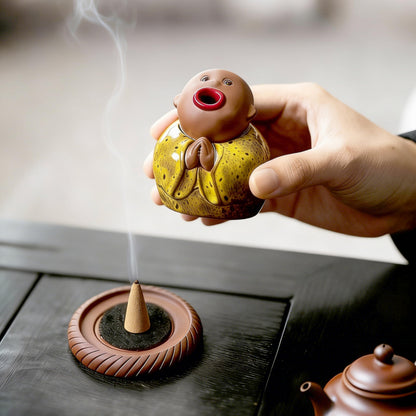 Ceramic Little Monk Incense Burner for Cones & Sticks, Cute Buddha Incense Holder with Mouth Smoke Effect, Zen Home Decor Meditation Gifts