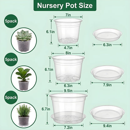 JADENIO 7/8/10 Inch Clear Nursery Pots with Drainage Holes, 15 Pack Plastic Plant Pots, Indoor & Outdoor Use, Ideal for Flowers, Vegetable Seedlings and Seed Starting