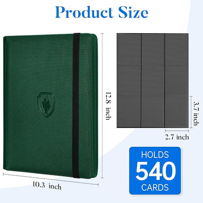 Premium 9 Pocket Card Binder for 540 Cards, Fabmaker PU Cover Trading Card Binder, Sturdy Card Collection Album, Sleek Card Holder Folders for Game Cards & Sports Cards, Dark Green