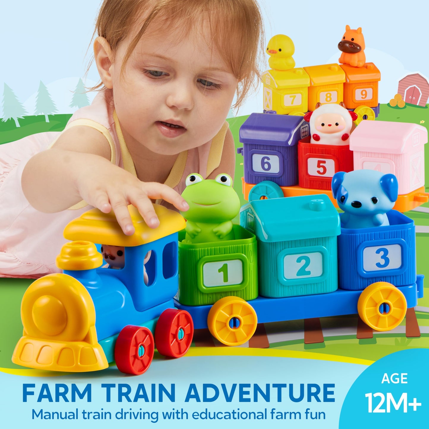 Play-Act Learning Toy for Toddlers 1 2 3 Years Old, Counting, Matching & Sorting Montessori Learning Farm Train Including 9 Farm Animals, Birthday Gift for Baby Boys Girls