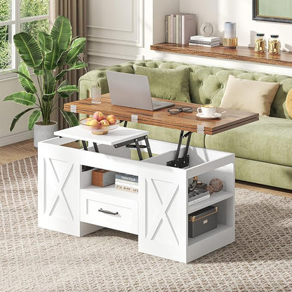 kepptory 39.4'' Lift Top Coffee Table with Storage, 4 in 1 Multi-Function Convertible Coffee Tables for Living Room, Farmhouse Coffee Table with Open Storage Compartment & Drawers (Brown&White)