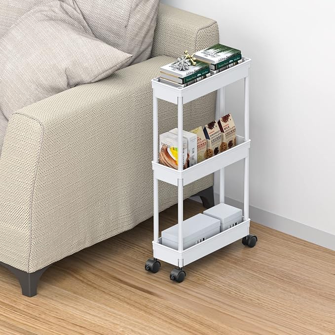 Sooyee 3 Tier Rolling Cart with Wheels, Slim Storage Cart, Under Desk Narrow Rolling Utility Cart Storage Organizer for Office Bathroom Kitchen Laundry Room Narrow Places, White, Plastic and Metal