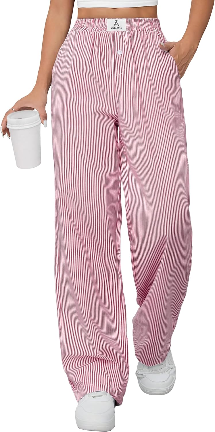 ANRABESS Womens Striped Gingham Pants 2025 Pajama Lounge Boxer Pants Cute Comfy PJ Bottoms with Pockets Y2K Plaid Outfits